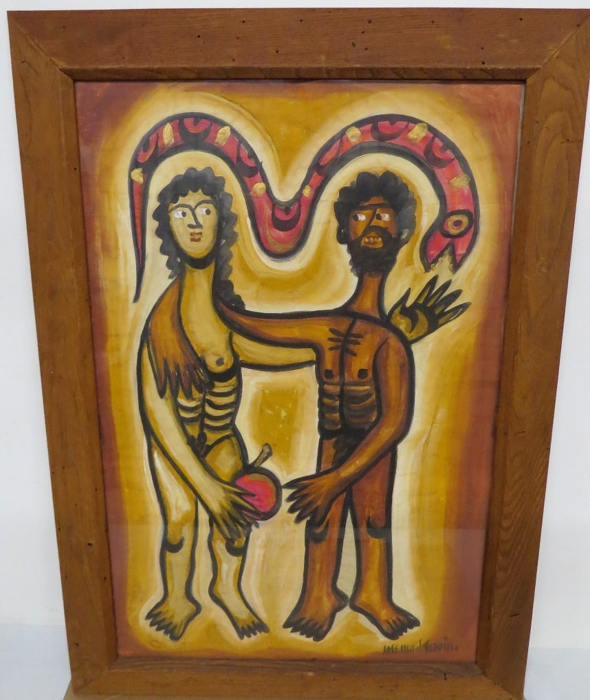 Jose' Maria de Servin (Mexican 1917-1983) Adam & Eve w/The Apple & Serpent: Jose Maria De Servin (Mexican/American 1917-1983) Watercolor on light tissue like paper of Adam & Eve with the Serpent overhead and the apple in Adam's hand. Set in a wormwood frame measuring 25.25" x