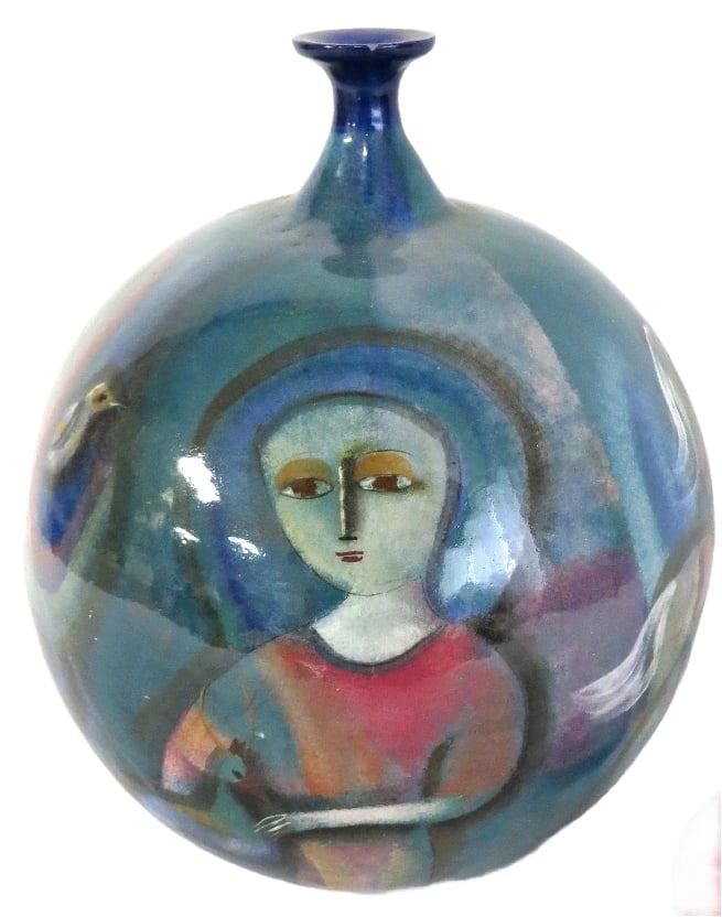 Polia Pillin (Polish American, 1909-1992) Studio Pottery Vase With Figures: A wonderful piece of Polish born artist Polia Pillin's work in this bulbous narrow necked vase with figures and faces all around, 12.5" height, 10", a beautiful piece of art.