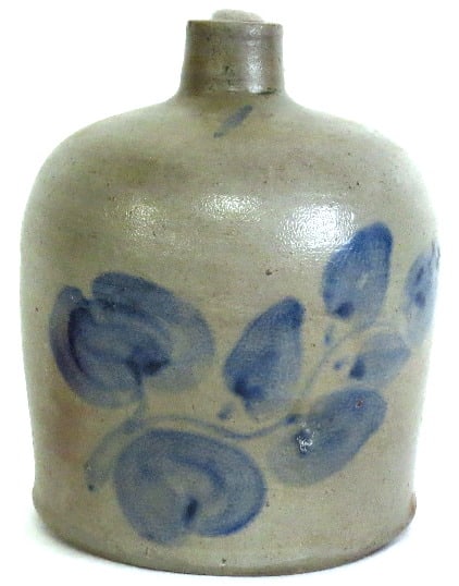Tulip Decorated Ohio Attributed 1 Gallon Stoneware Jug: A 1 Gallon Tulip Decorated Stoneware Jug, likely Ohio in origin, in nice shape 8.5" height, 6.5" diam