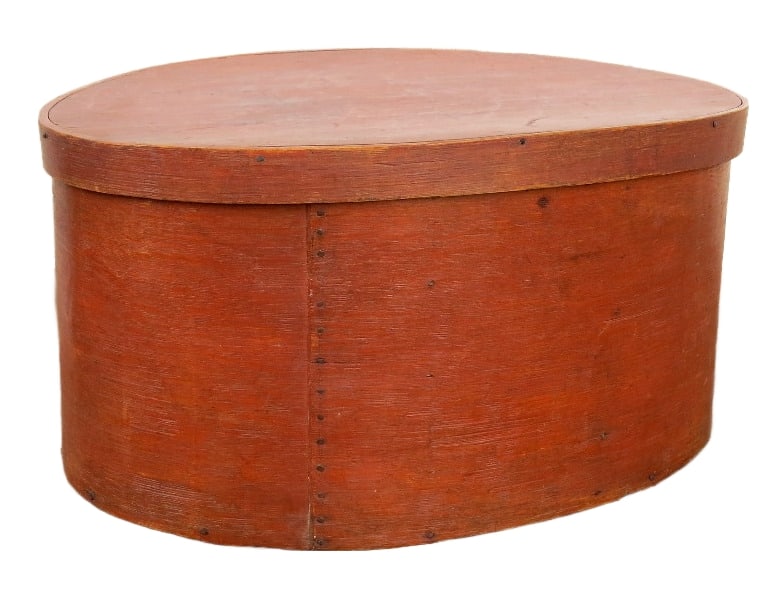 19th C. Oversized Oval Pantry Box In Old Reddish Salmon Paint: One of the largest pantry style boxes we've ever seen, this monster is 24" wide by 17.5" depth and 12" in height. Appears to be of Birch construction with maple lined lid, all original reddish salmon