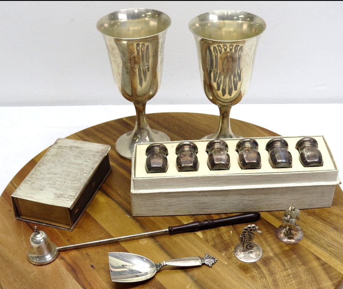 Mixed lot of Sterling Silver incl. Georg Jensen & More: Mixed sterling including two chalice cups marked "Mom" & "Dad", set of 6 salt shakers in orig box, 1954 dated matchbox holder for a large box of matches, candle snuffer with wooden handle, George Jens