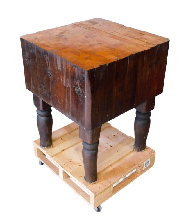 Antique Tongue & Groove Butcher Block: A fantastic tongue & groove butcher block with iron bolt pinning's, solid maple construction with dark stained sides contrasted by natural wood top. Block is pinned by 3 large iron bolts passing throu