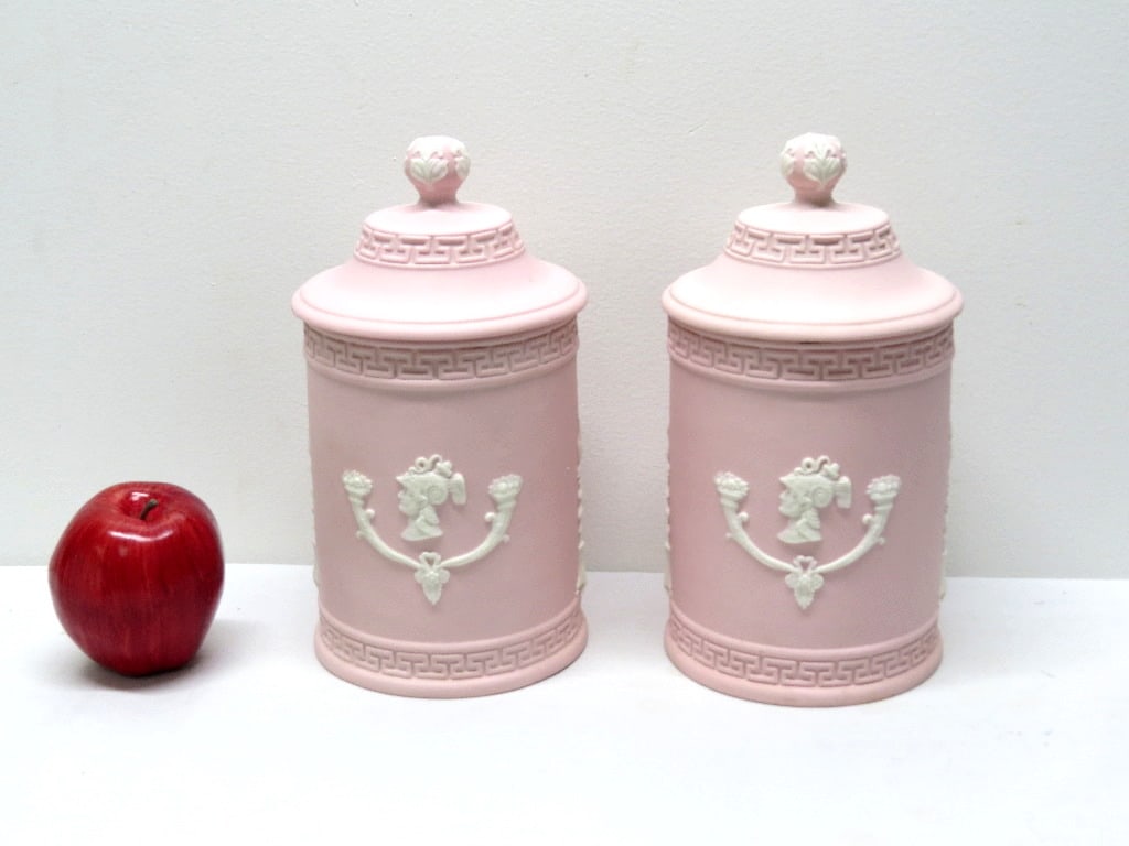Matching Schafer & Vater, Germany Pink Jasperware Tobacco Jars Early 20th C.: Two matching pink jasperware tobacco jars attributed to the German firm Schafer & Vater, early 20th C. Each stands 9.5" in height, no damage, a rare pair to find!
