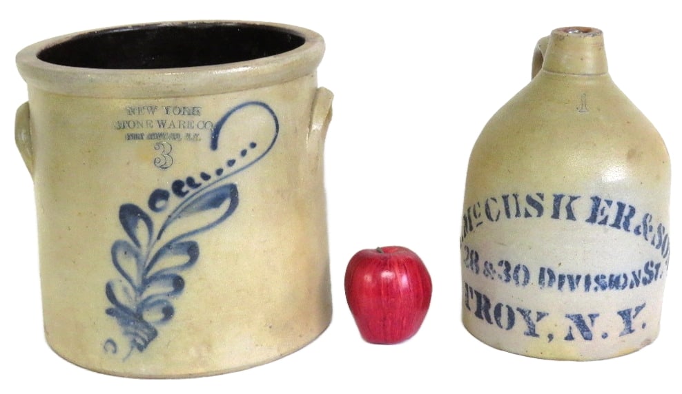 Two NYS Stoneware Pcs - NY Stoneware Ft. Edward & Troy, NY Stenciled Jug: Two 19th C. Stoneware pcs from upstate NY, first being a 3 Gallon NY Stoneware / Ft. Edward the other being a 1 gallon merchant jug - McCusker & Co / 28 & 30 Division St., Troy NY. The Ft. Edward has