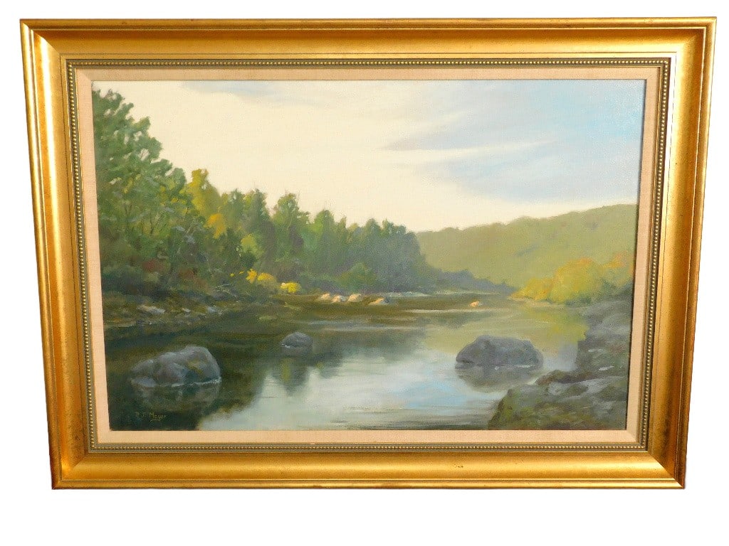 Mid-Century Creek Landscape by PJ Meyer: A large Mid-Century Landscape of a summer bucolic river or creek in lemon gilt frame, signed PJ Meyer, lower left. Measuring 42.75" by 30.75"