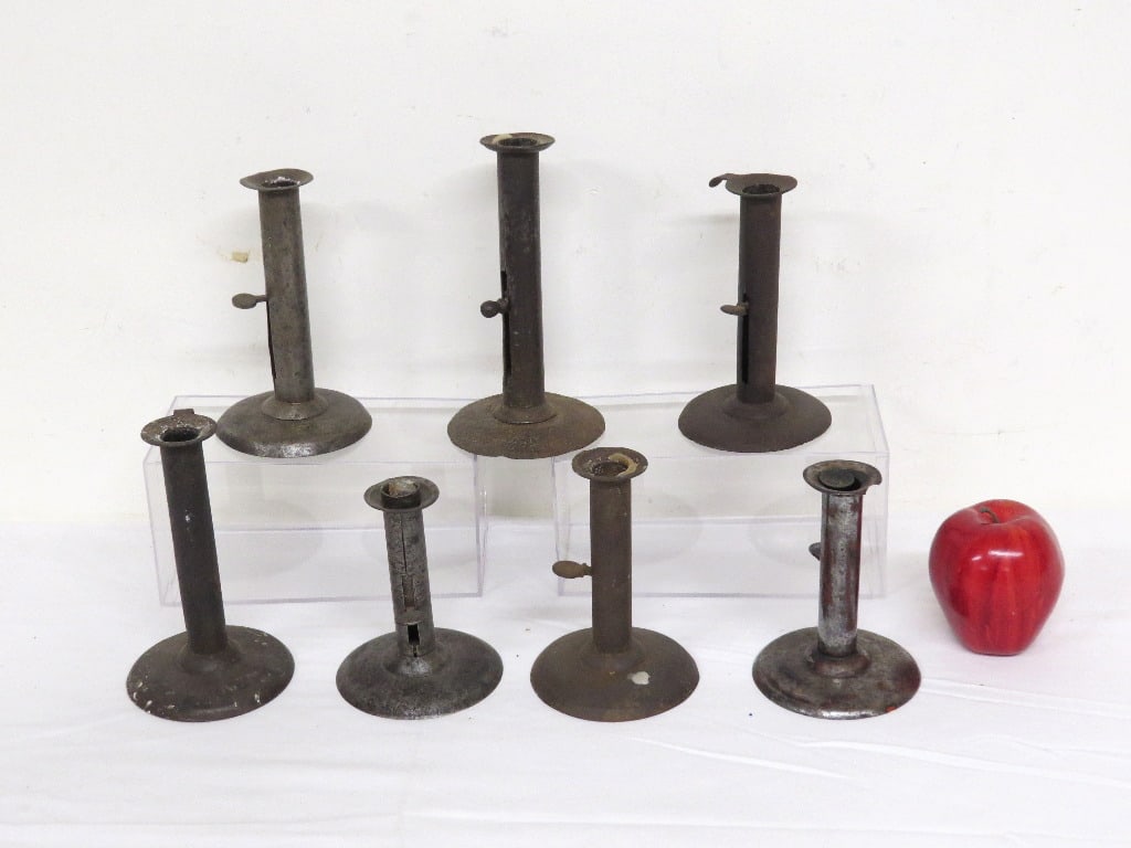 19th C. Sheet Iron Hog Scraper Candlesticks - 2