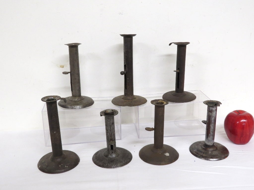 19th C. Sheet Iron Hog Scraper Candlesticks - 3