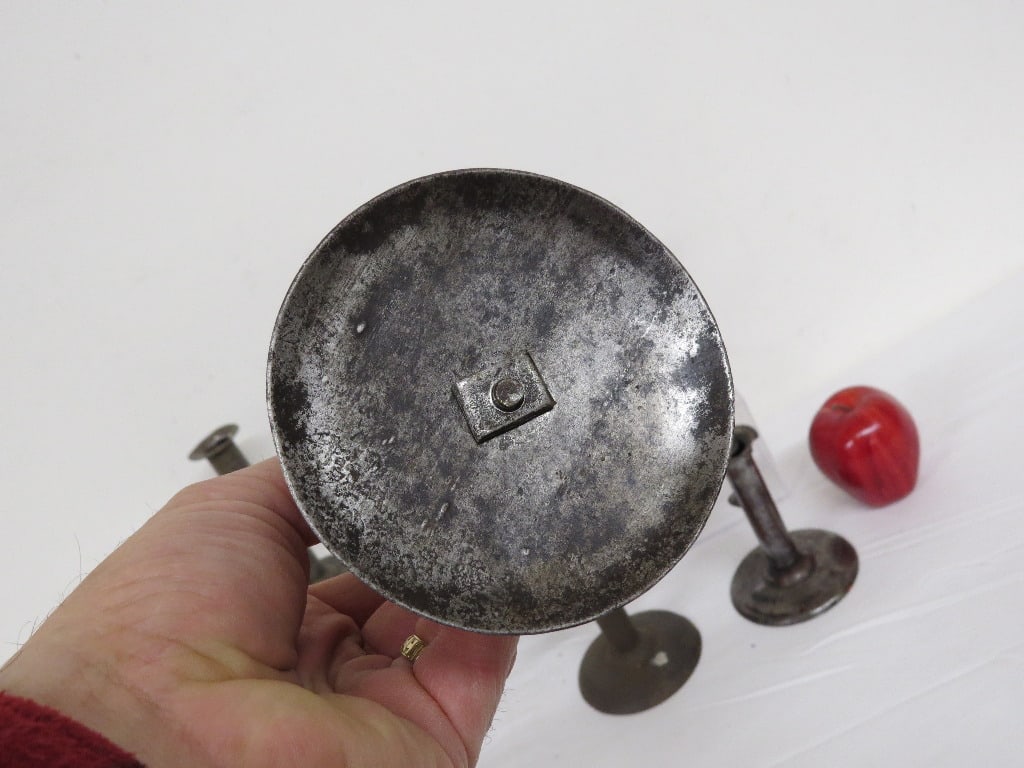 19th C. Sheet Iron Hog Scraper Candlesticks - 4