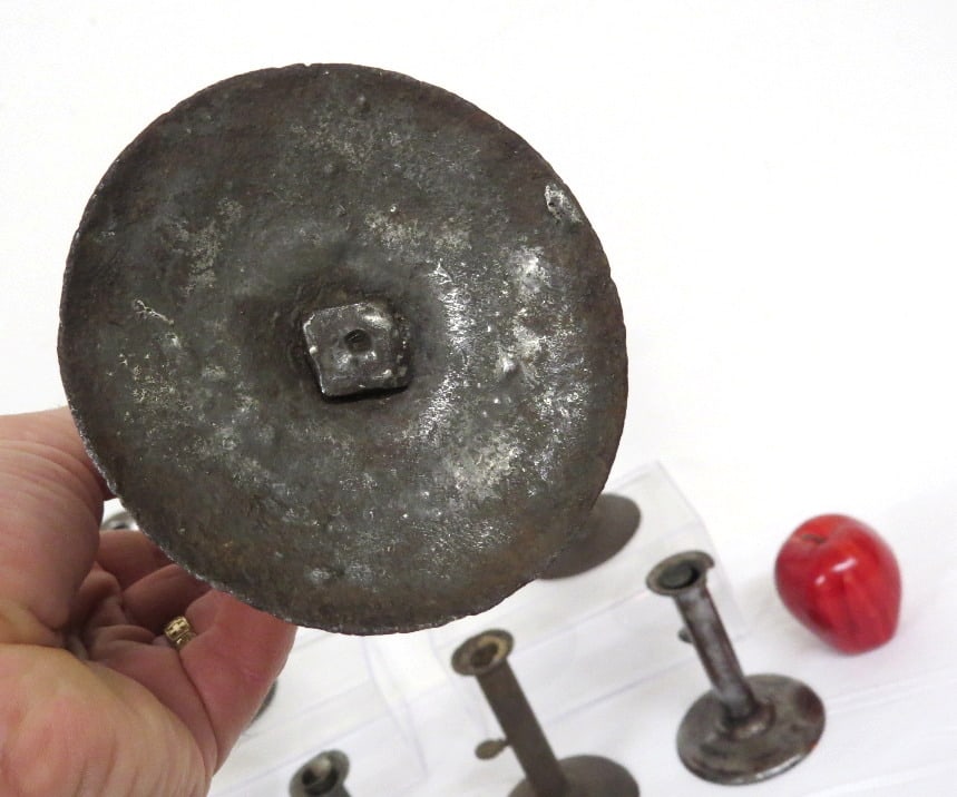 19th C. Sheet Iron Hog Scraper Candlesticks - 5