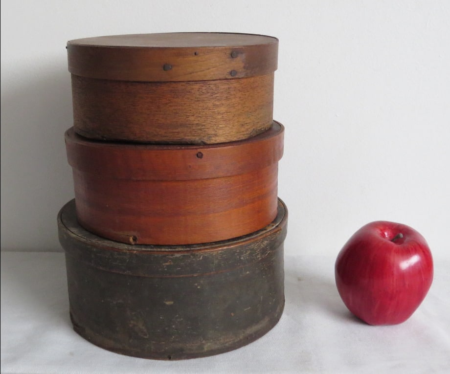 A Trio of Early Pantry Boxes: Three 19th C. Round Pantry Boxes. One retains grayish green paint, with diameters of 7 7/8", 7" and 6.5"