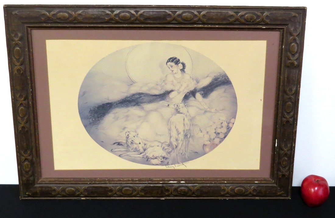Large Louis Icart Print Woman With Her 2 Dogs: A Louis Icart print measuring 30.5" x 21.5" framed. A dark haired reclining woman with her two dogs at her feet, the cutting of the mat on this print partially hides the signature, but it is there.