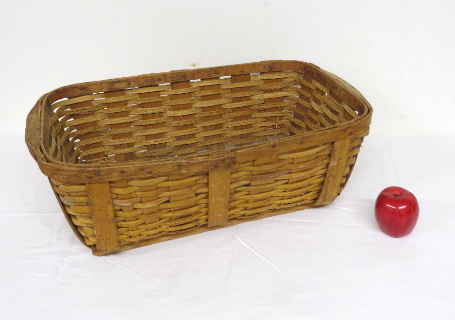 19th C. Rectangular Oak Splint Basket With Handles - 2