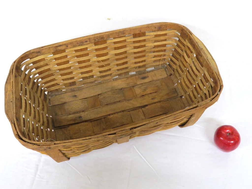 19th C. Rectangular Oak Splint Basket With Handles - 3