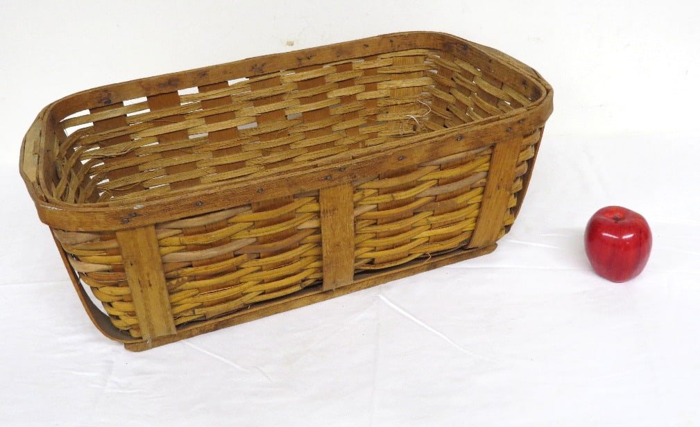 19th C. Rectangular Oak Splint Basket With Handles - 4