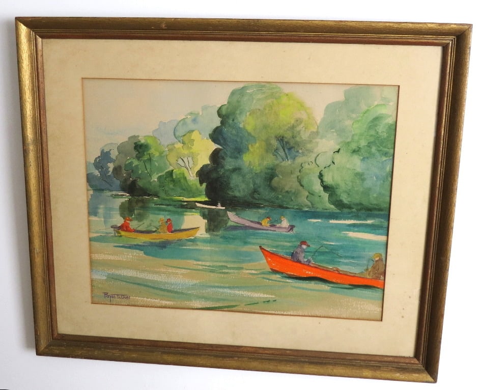 Pernot Stewart Duff (American, 1898-1978), W/C of Fishermen On The Water: A mid-century watercolor of fishermen on the water, possibly a tournament of some kind. Signed Pernot S. Duff at LR corner, measuring 26" x 22" framed. Original glass has a spall at edge. Duff