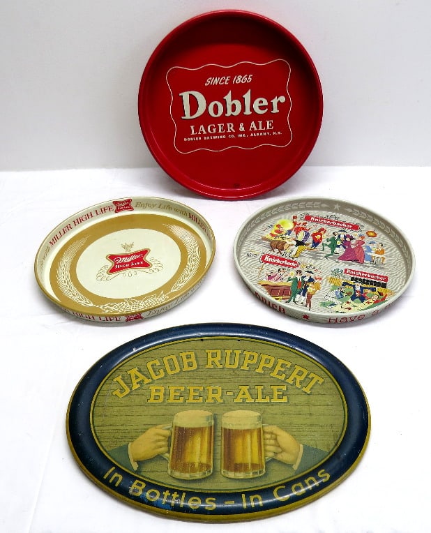 Brewery Trays and Jacob Ruppert Beer Sign: 4pc lot consisting of an oval Jacob Ruppert Beer self framed wall sign, and three trays for Dobler, Miller High Life and Knickerbocker Beer