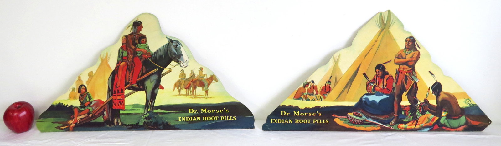 Early 20th C. Dr. Morses Indian Root Pills Cardboard Countertop Signs: Two early 20th C. Dr. Morse's Indian Root Pills Triangular Shaped Lithographic Counter Signs with folding cardboard stands on reverse, never folded out they're in the same position as when distributed