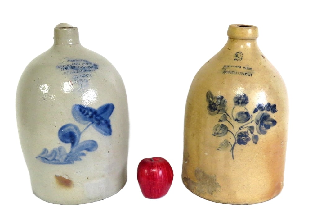 Two Gallon Stoneware Jugs Quebec, Canada and Poughkeepsie, NY.: Two jugs, first being a tall 2 gallon stoneware jug from Quebec Canada 19th C marked in 7 lines as - A.G. Dugas / Marchand Epicier / Vins Et Liqueurs / Rue St. Josephi / St. Roch / Quebec / 2. Overall