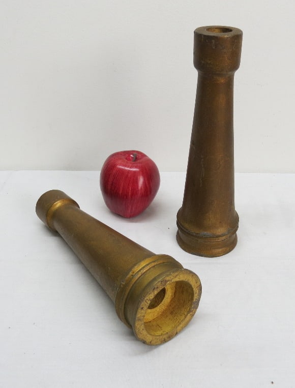 Wooden Fire Nozzle molds in original bronzed paint finish early 20th C.: Two molds believed to be of brass firehose nozzles retaining original bronzed paint finishes, each 10" in height, likely early 20th C.