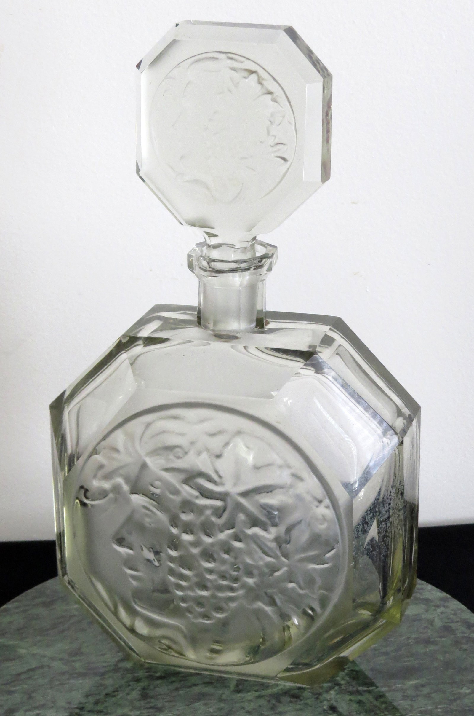Frantisek Halama (Czechoslovakia) frosted glass "Diana" Decanter: Art Deco Czech Frosted Glass Profile of a Woman decanter, believed to be known as Diana. No damage, a few speckles of inside content haze, 11.5" in height
