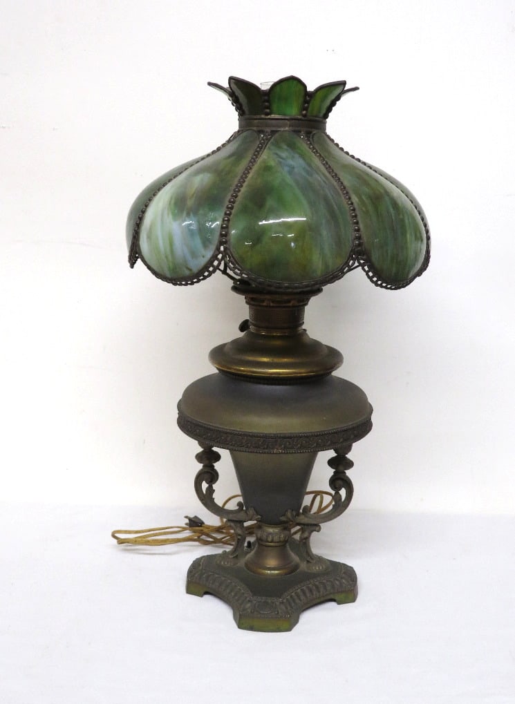 19th C. E. Miller & Co. Juno Green Slag Glass Parlor Lamp, Electrified: A Miller Juno kerosene parlor lamp that was electrified at some point many years ago. Original green slag glass shade free of problems with fitter ring. Lamp is 26" in height to top of chimney, origin