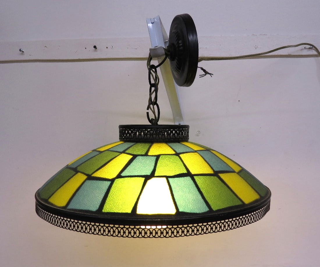 Vintage Mid-Century 1960's Teal, Green & Yellow Hanging Light Fixture: A vintage 1960's era hanging fixture with 18" diam shade, approx. 16" drop from ceiling.