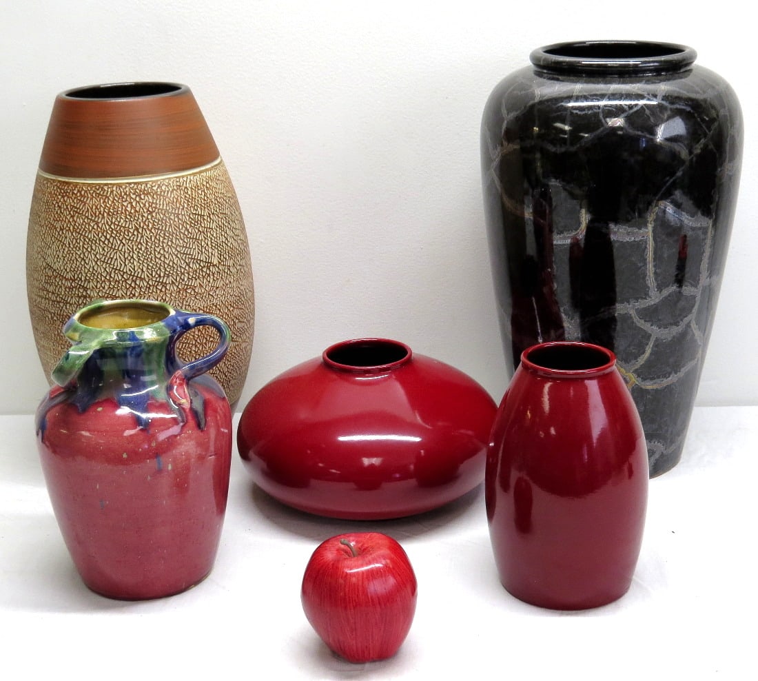 MCM Era German Scheurich and Gebhauer Pottery Vases.: A 5 piece grouping including two Scheurich Keramic vases, one an oxblood red #629-18 measuring 7.25" in height & a much larger example No. 504-38 that is 14.5" in height. A piece by Carl Gebauer with