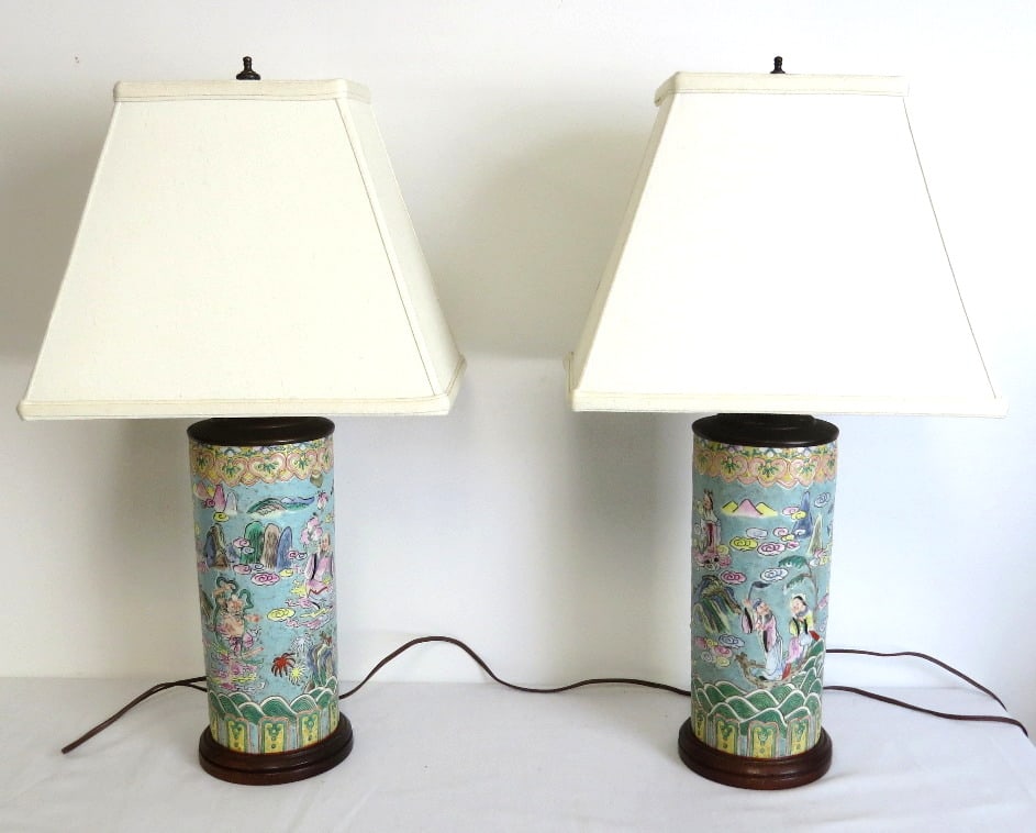 Pair of Early 20th C. Chinese Famille Rose Lamps: Matching pair of vintage early to mid-century Chinese Famille Rose Cylinder Lamps with shades, light blue & pinks, good cords, tested/working, 26" in height.