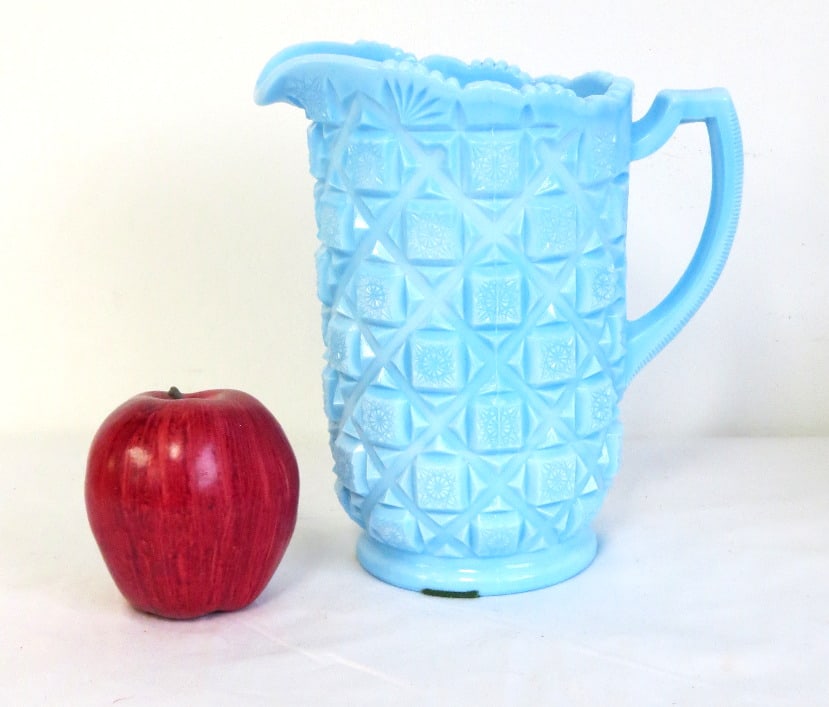Vintage Westmoreland Ice Blue Quilt Block Water Pitcher: A Westmoreland "ice blue" milk glass water pitcher in the Quilt Block pattern, no damage