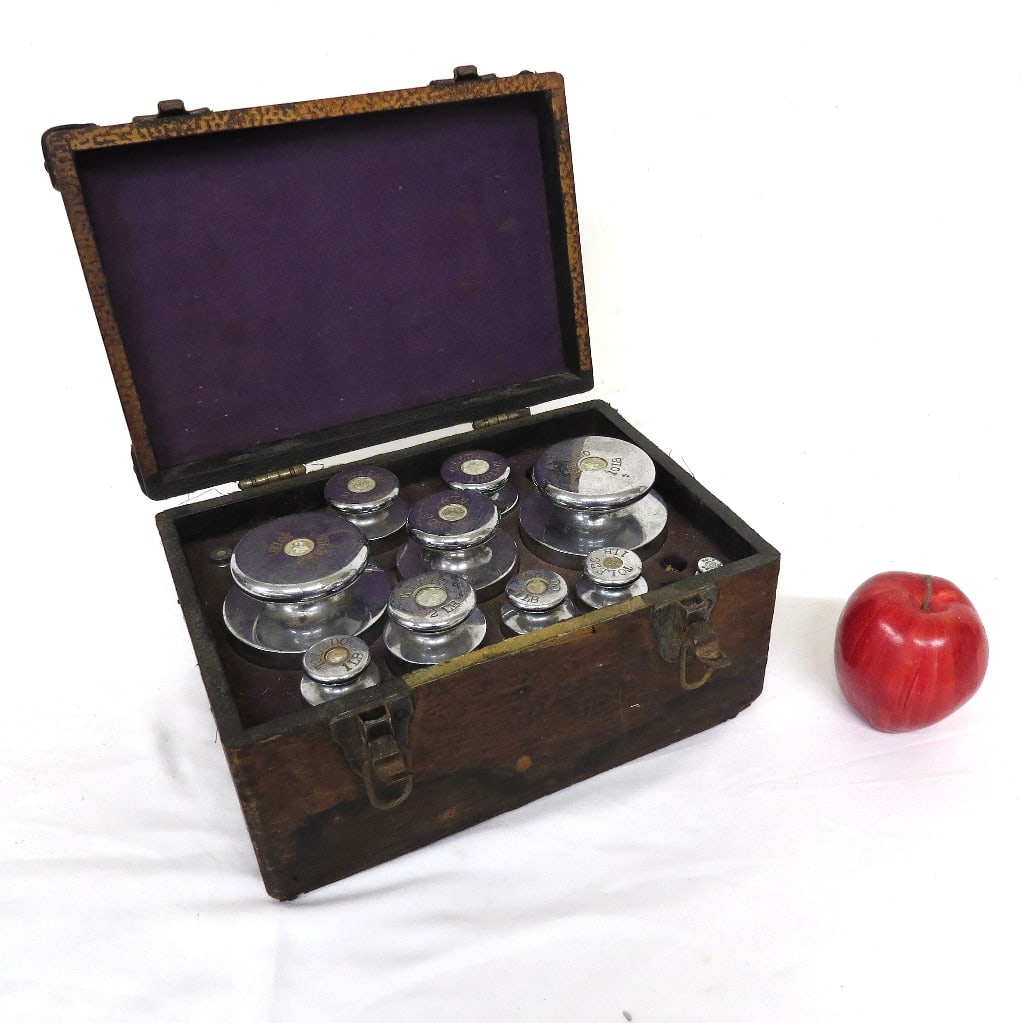 Original Fitted Case of 19th-20th C. Toledo Scale Weights: An original case of late 19th-early 20th C. Scale weights for industrial sized scales by the Toledo Mfg. Co. of Ohio. Largest size is 10lbs, a few not present, original case 11.5" by 8" by 6" in size,