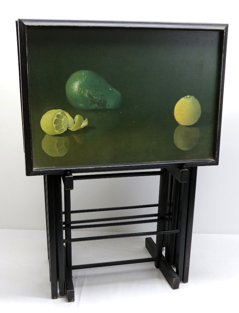 4 Mid-Century Artex Corporation, Brooklyn NY Fruit's Snack Tables on Stand: A set of 4 Mid Century Artex Corporation Folding Snack or TV dinner tables on the stand, each table 20" x 15" in size, 4 different images.