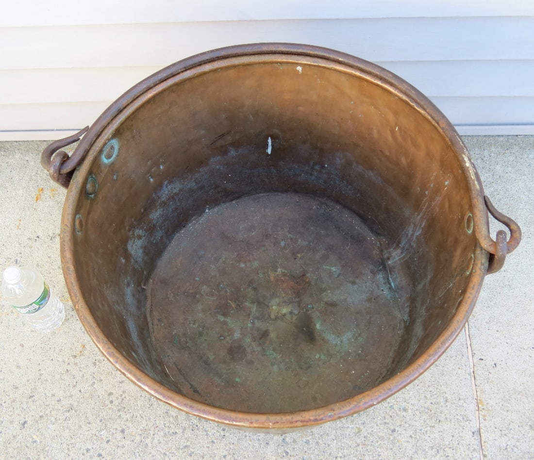 19th C. Solid Copper Sap Boiling Kettle w/Blacksmith Forged Handle - 2