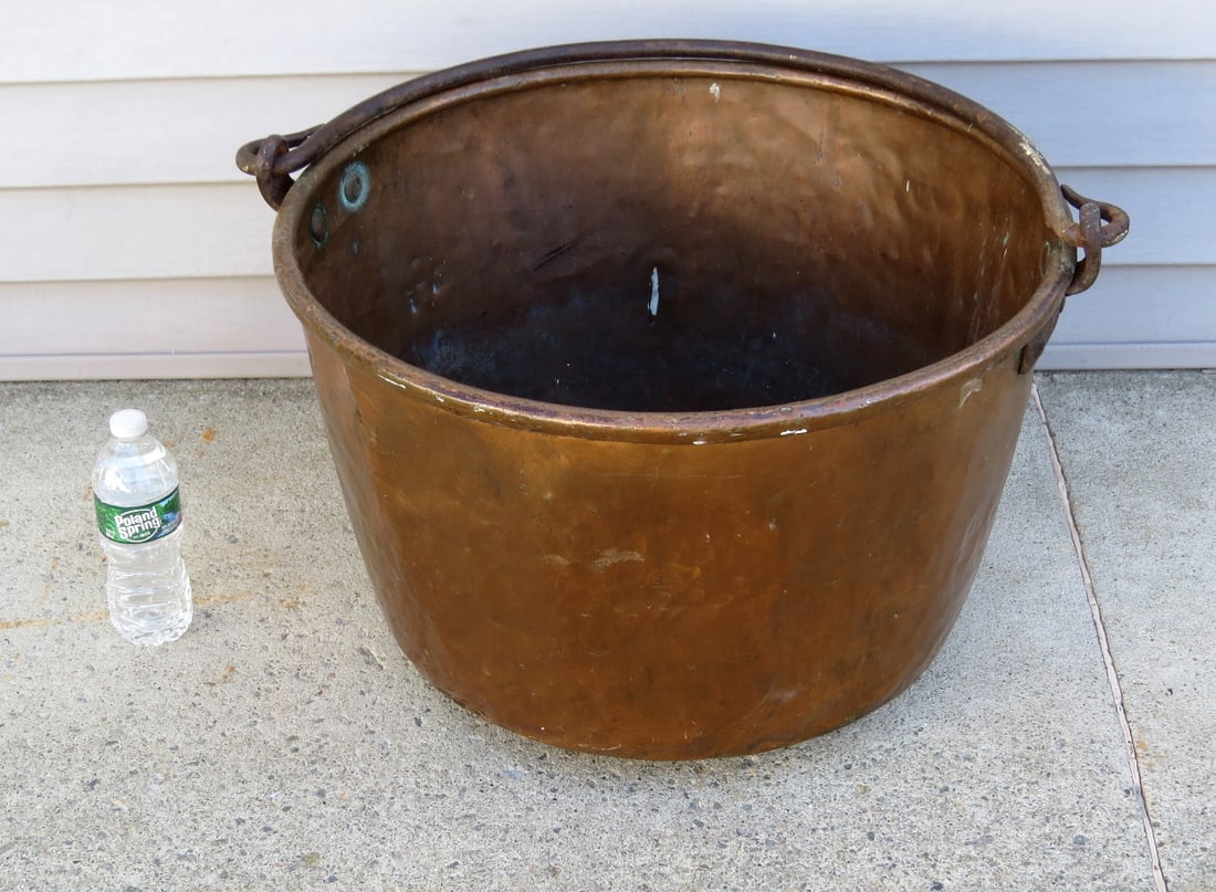 19th C. Solid Copper Sap Boiling Kettle w/Blacksmith Forged Handle - 6