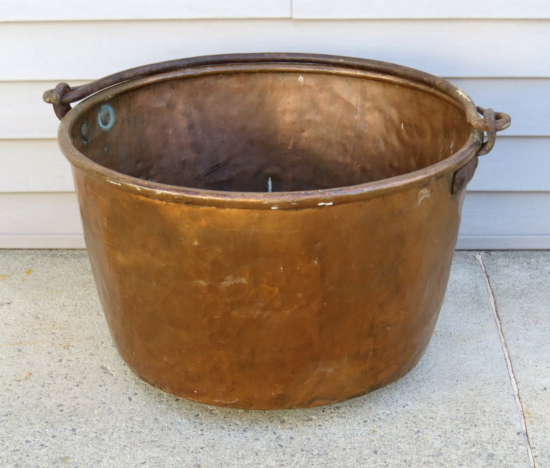 19th C. Solid Copper Sap Boiling Kettle w/Blacksmith Forged Handle - 7