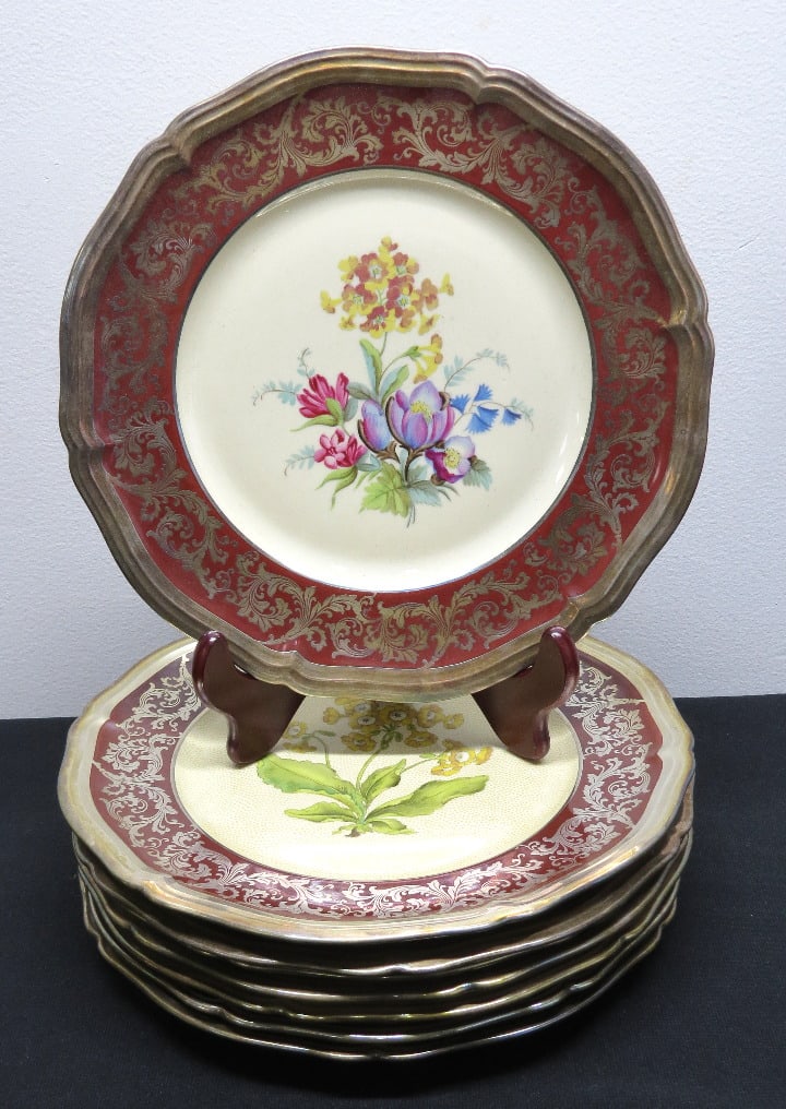 8 Sterling Overlay Rosenthal Selb Chippendale Floral Dinner Plates: A set of 8 Rosenthal Germany Chippendale pattern dinner plates with extensive silver overlay's, each hand painted and artist signed. 4 different artists represented. Each plate 10.5" in diameter, some