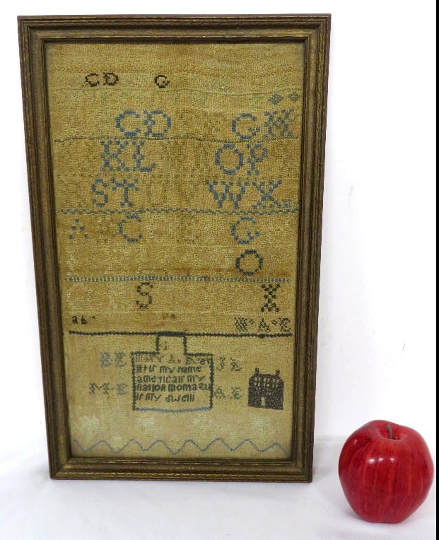 19th C. Framed Alphabet Sampler by Mary A. Ever c.1828?: A framed 19th C. Alphabet sampler by Mary A. Ever. Appears to be dated upper RH corner but difficult to decipher, 1827/28? from what we can determine. Alphabet A - Z, plus center box - Mary A. Ever /