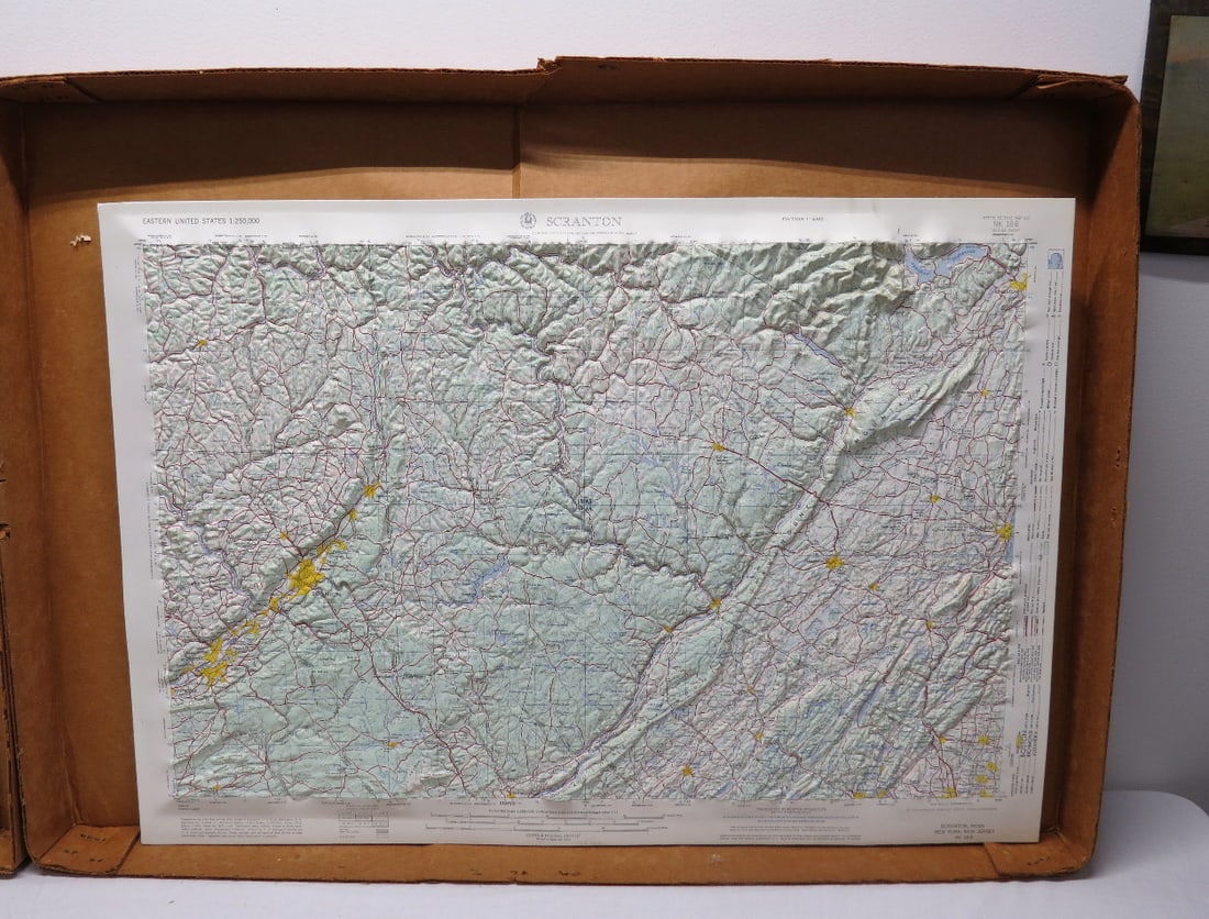 Box of Early 1960's Topographic Maps for Central Hudson Electric & Gas: A box of 4 molded plastic topographic maps that appear to be from the early 1960's, Binghamton & Albany, NY, Scranton PA and Hartford, CT regions. Each 30" x 20" in size, in original mailing box. This