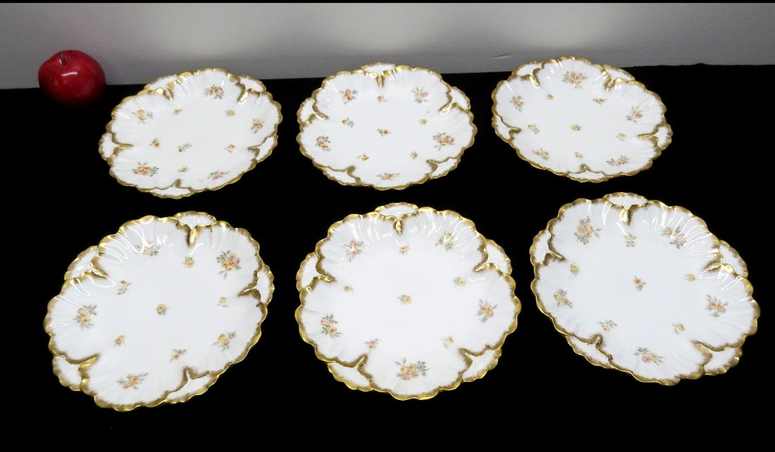 Set of Six Lazarus Straus & Son's Limoges Porcelain Art Nouveau Plates: Six Art Nouveau Era Limoges porcelain plates with gold trim and floral decoration by Lazarus Straus & Son's (L.S.&S), each measuring 9" diameter, in good shape
