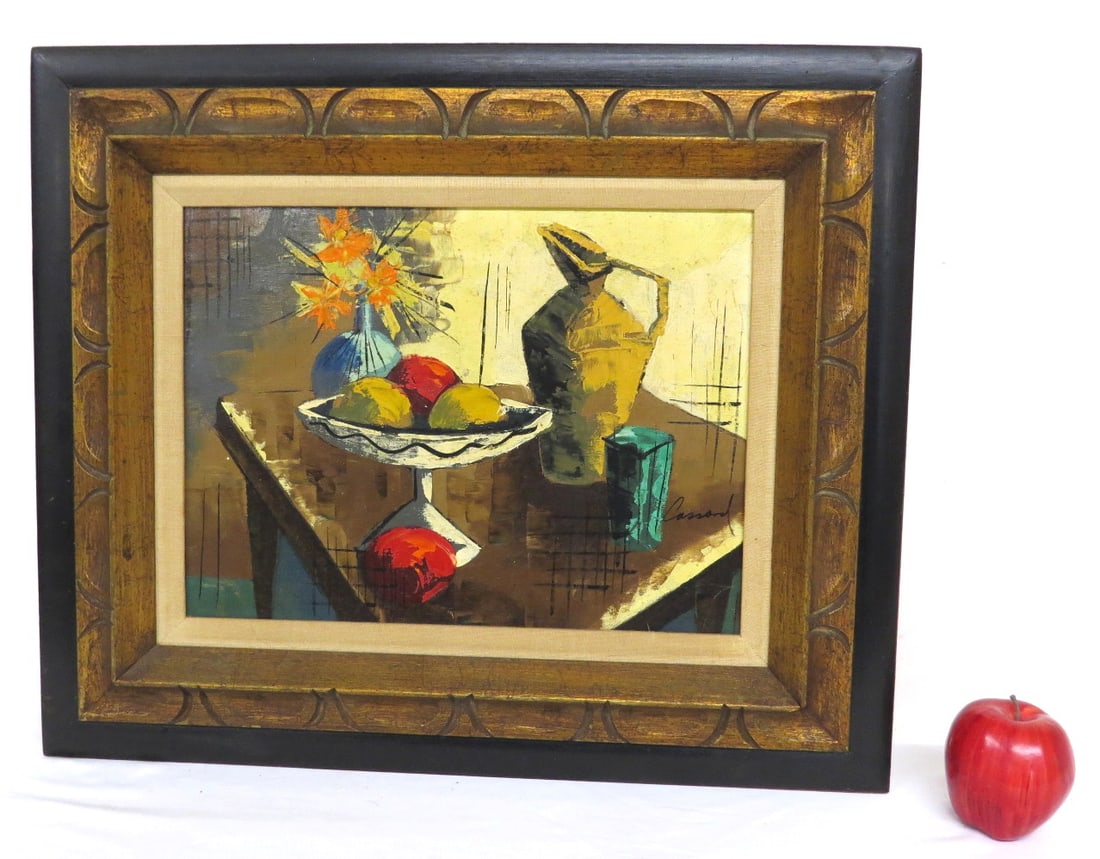 A Mid Century Abstract Still Life Signed Cassard: A mid-century era abstract still life O/C painting in original frame, signed Cassard, measuring 24" by 20" framed.