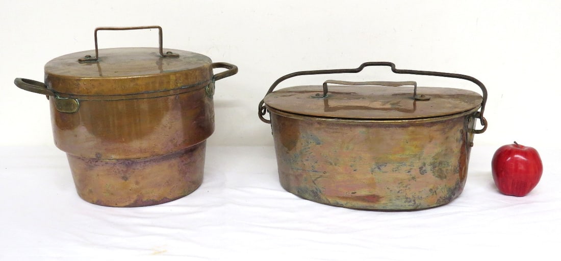 Two Late 19th C. French Copper Cooking Vessels - Dutch Oven and Braising or Fish Pan: Two late 19th C. French Copper cooking vessels with dovetailed seams, tin lined, iron handles and riveting. Dutch Oven 11" diam, 9" height to lid, Fish/Braising Pan 15" wide, 6.5" depth, 9" height to