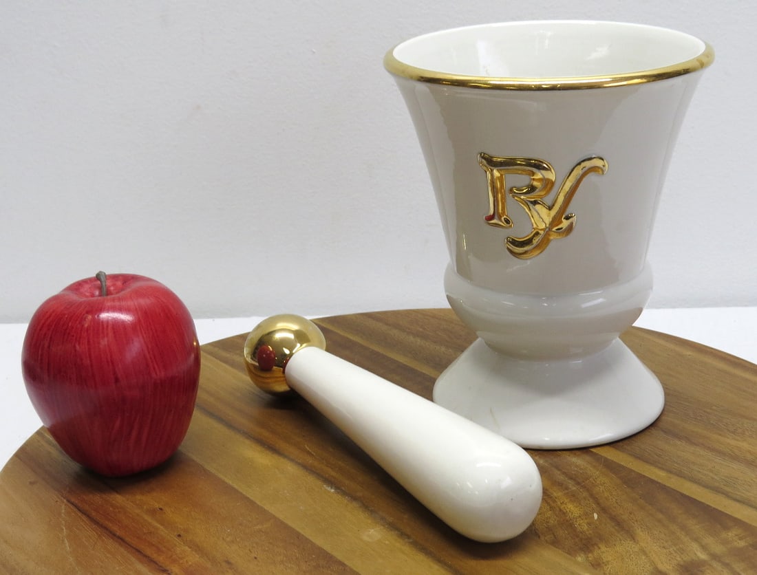 Porcelain RX Mortar & Pestle Countertop / Storefront Display: A porcelain RX mortar and pestle highlighted in gold, used primarily as a countertop pharmacy or drug store display item, 6.75" in height to the rim.