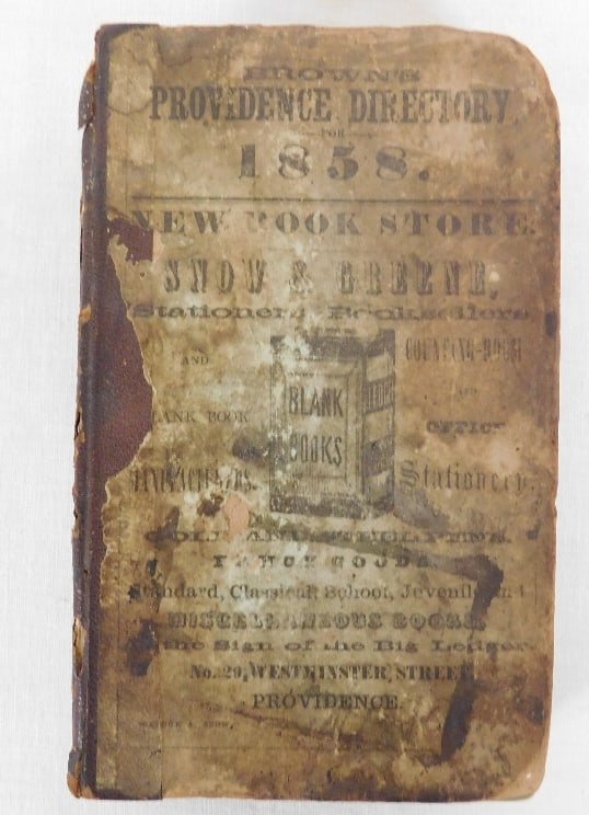 Brown's Providence, RI directory for 1858: H.H. Brown's Providence, RI directory for 1858, with 433 pages including many advertisements plus residential & business listings. Measures 4.75" x 7.5" in size. Loose/tattered covers, foxing, but ver