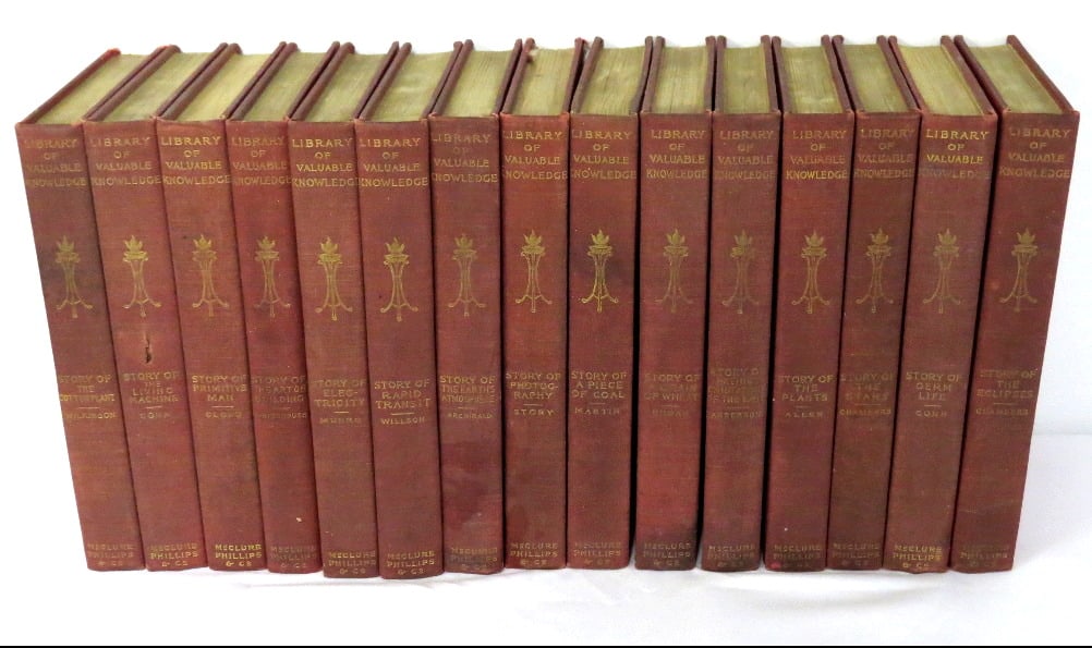 Library of Valuable Knowledge in 15 Vols, Early 20th C.: The Library of Valuable Knowledge in 15 Volumes, early 20th C. publication by McClure, Phillips & Co. A clean set overall. Many topics as evidenced by the titles on the spines.