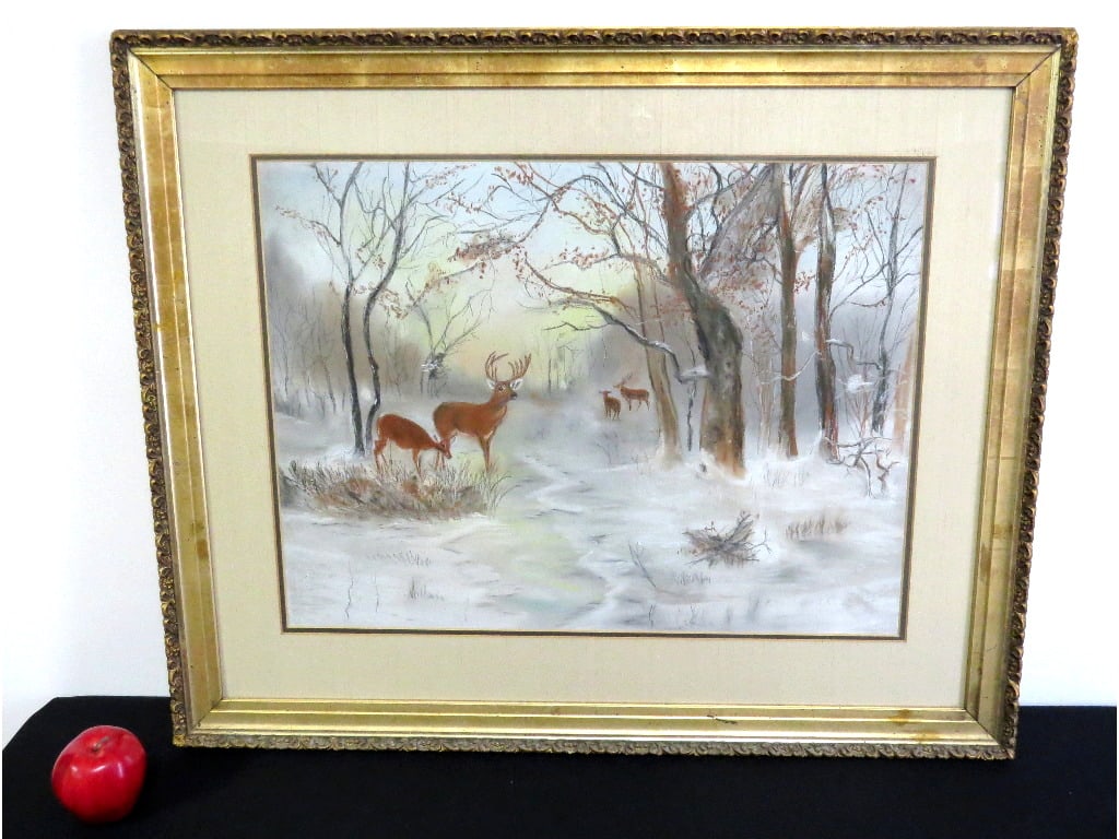 19th C. Woodland Scene of Deer in Lemon Gilt Gesso Frame: A detailed work of deer grazing in the winter snow along a narrow winters path. Set in a lovely lemon gilt decorated frame measuring 33.5" x 27.5" frame, visible work is 24" x 18" in size. Rebacked in