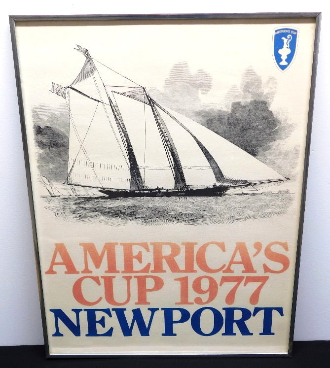 1977 America's Cup Framed Lithographic Poster: A framed poster for the 1977 America's Cup yachting race, measuring 19.25" wide by 25.25" height.