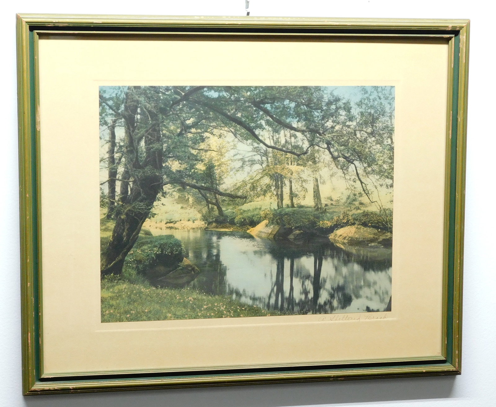 Wallace Nutting - A Sheltered Brook - Hand Colored Lithograph: A Wallace Nutting hand colored lithograph titled - A Sheltered Brook - No. 8142. Original framing/labeling, 21.5" by 17.5" in size