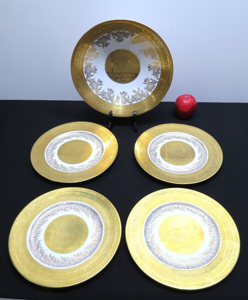 Group of Bavarian Fairies Gold Decorated Plates: Bavarian Fairies Gold Decorated Plates, 5 in total including shallow console bowl 12.75" diam and 4 dinner sized plates 11.25" diam