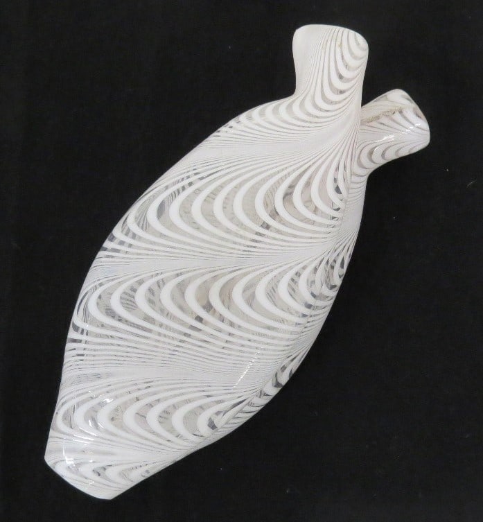 19th C. Blown Glass Gemel Flask w/White Marbrie Looping: A mid to late 19th C. blown gemel flask, colorless with white marbrie decoration, ground and polished base, America or England, could possibly be South Jersey as well, no damage, 8" in length.