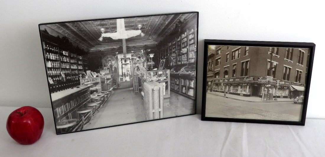 Two Early B&W Photo's of Drugstores: Two great B&W photo's of drugstores, one looks to be c.1930's depicting Liggett's Drug Stores, somewhere in the vicinity of Conway, NH (Settlers Village sign), the other the interior of an early drug