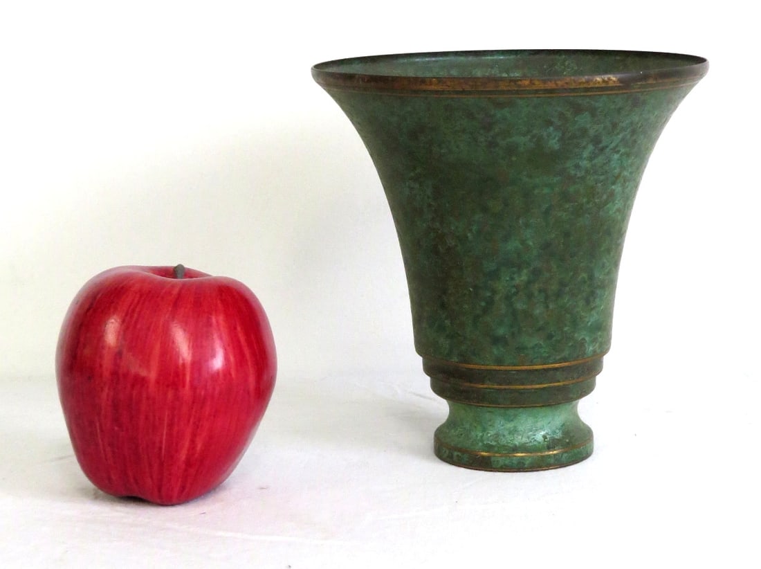 Arts & Crafts Era Carl Sorensen Copper Verdigris Vase: A Carl Sorenson Arts & Crafts era copper verdigris vase, XX in height, good shape. This lot can be shipped in-house.